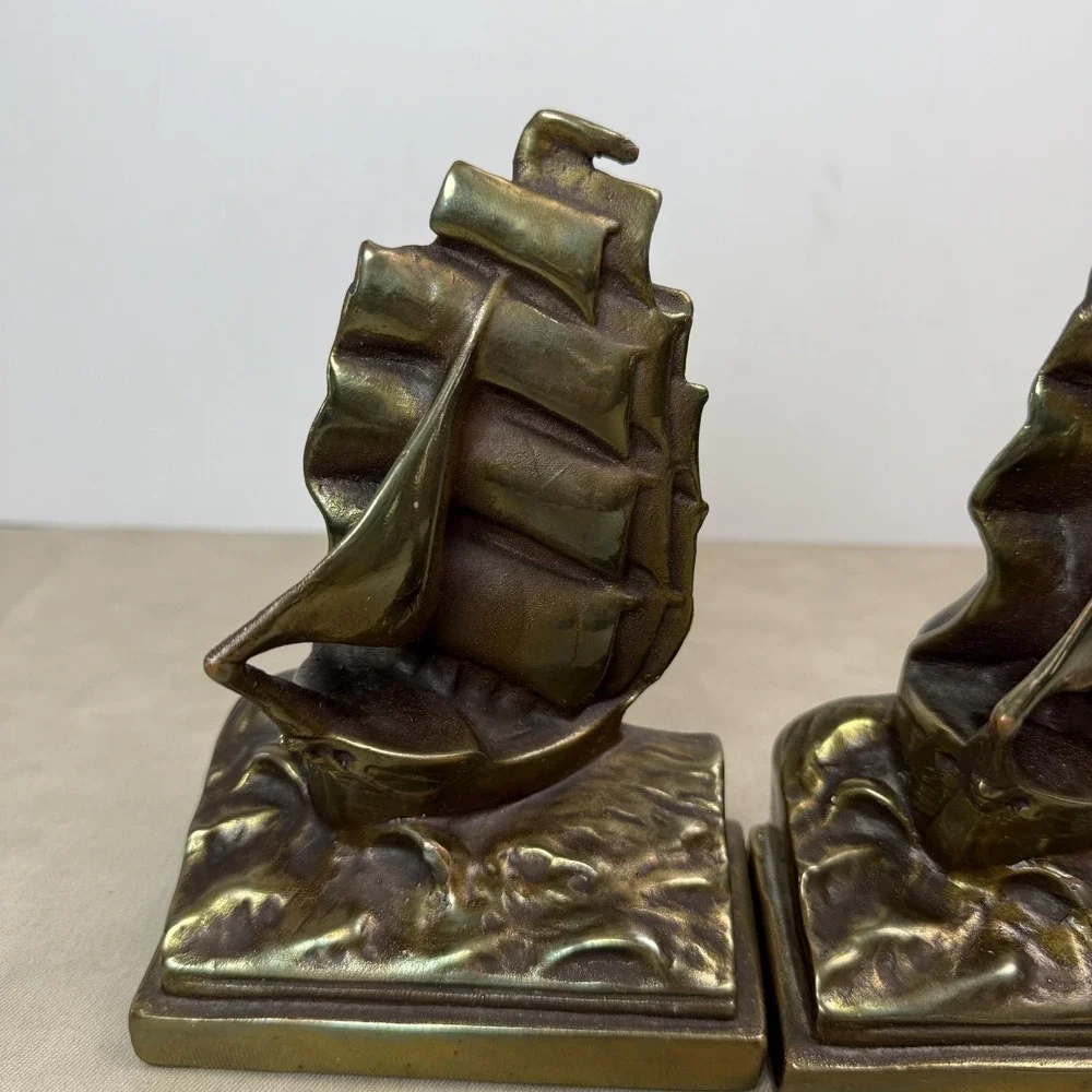 Vintage Bronze Clad Sailboat Bookends Ship Traditional Nautical Decor Gold Tone